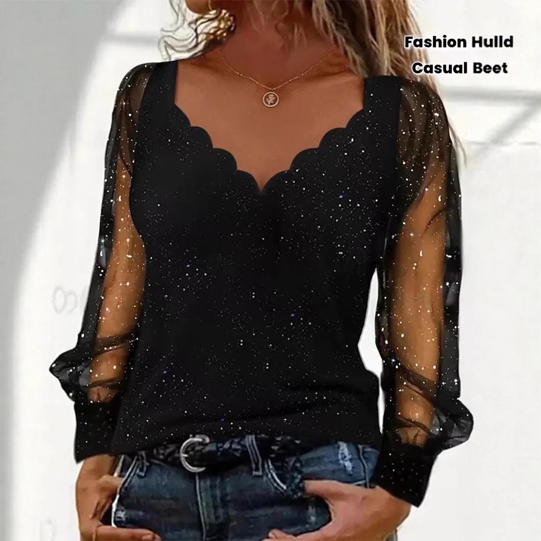 Women s Black V-Neck Long Sleeve Top with Lace Trim and Mesh Sleeves S чёрный