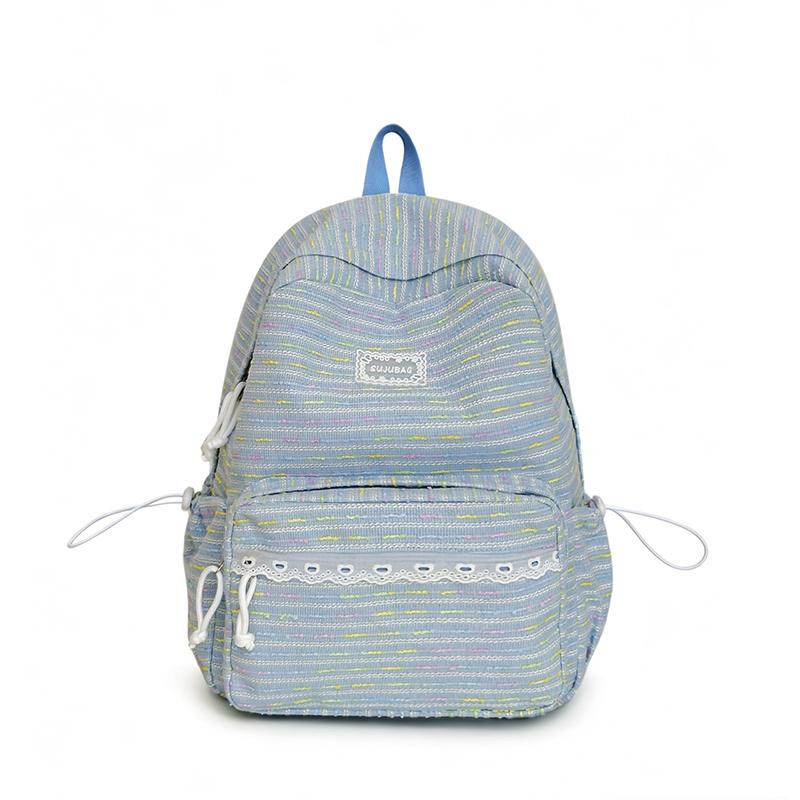 Cute Striped Backpack with Lace Trim, Lightweight School Bag for Women and Teens