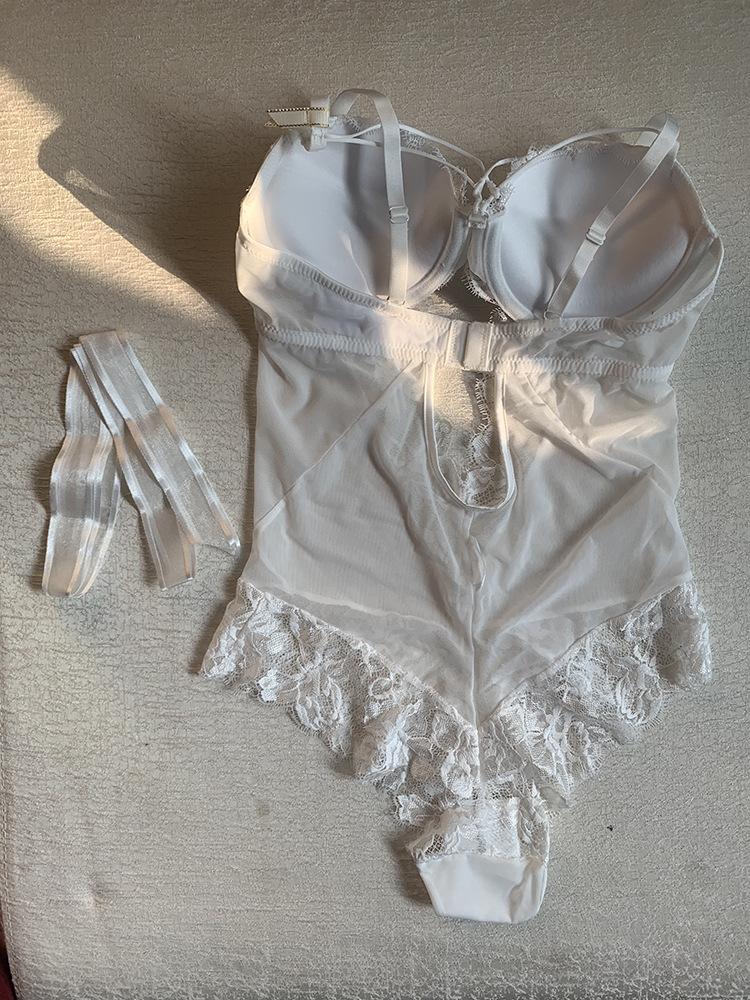 Women Sexy French Style Romper Tight-Fitting Bodysuit Transparent Bowknot One Piece Lace Lingerie