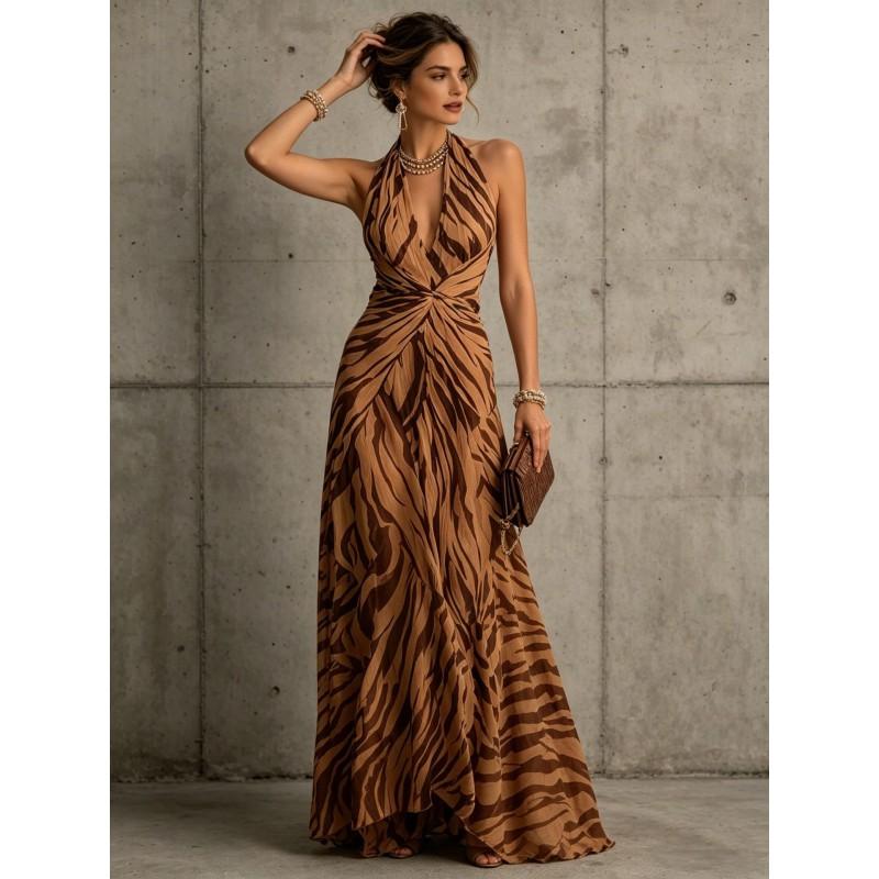 2026 French Vacation Style Halter Neck Pleated Long Dress Elegant Slim Fit Party Women