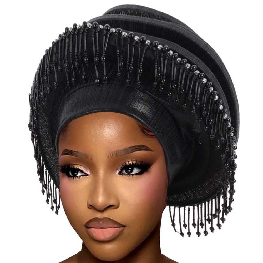 Ceremony Headpiece Structured Auto Gele Layered Pre-tied African Turban Tasseled Metallic Beaded Headtie African Bridesmaid чёрный
