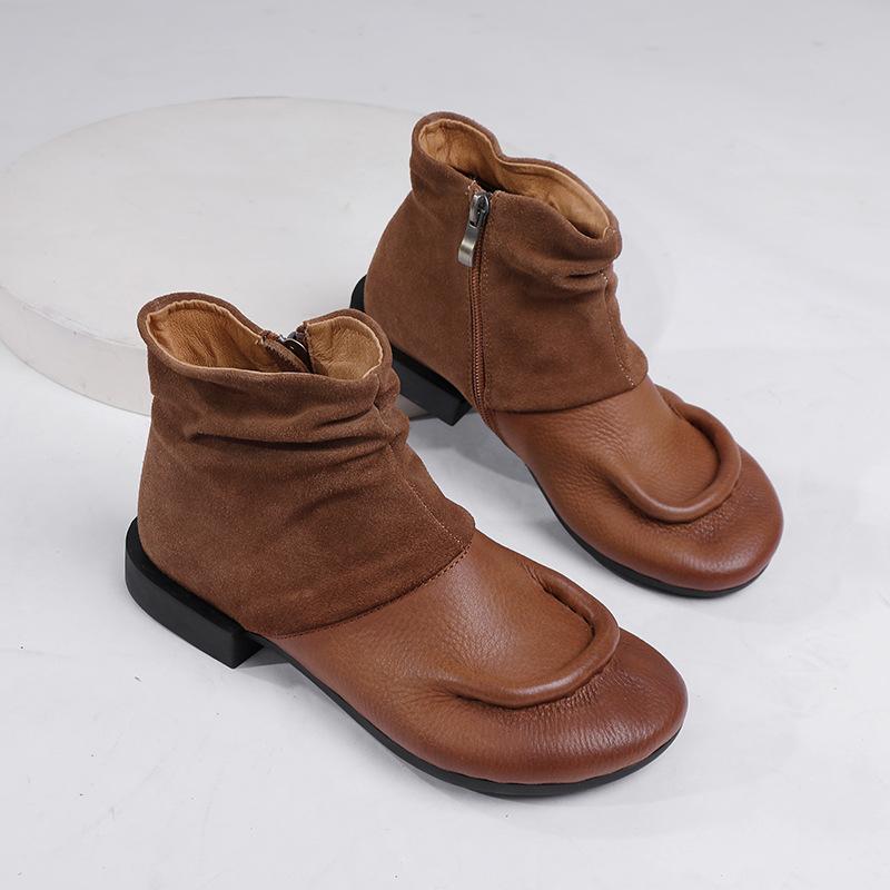 Johnature Botas de otoño/invierno, botas cortas de piel auténtica, zapatos retro de suela blanda y cómodos para mujer