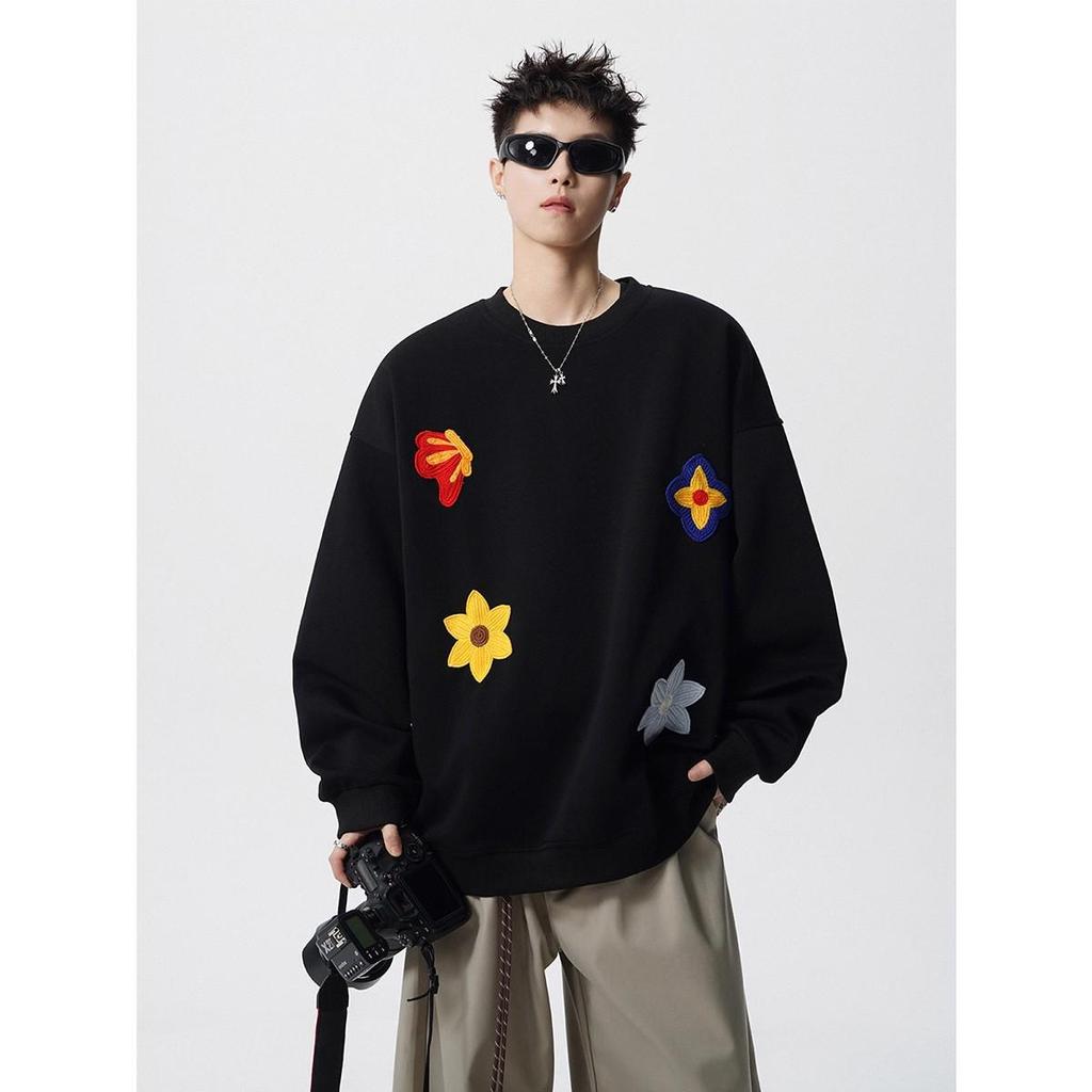 Unisex Floral Embroidered Sweatshirt - Spring & Autumn Trendy Round Neck Casual Base Layer