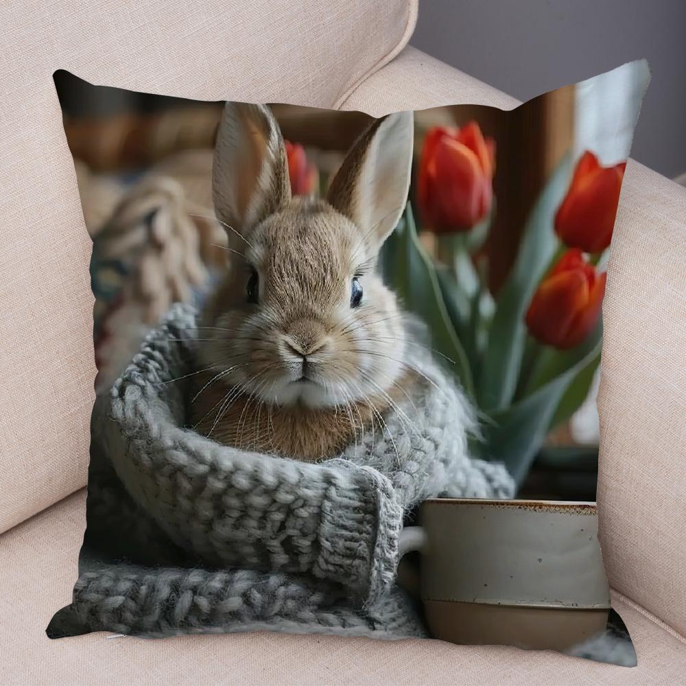 Realistic Cute Fluffy Bunny Print Throw Pillow Cover Soft Gentle Skin Touch Warm Tone Sofa Bedroom Home Decor Present