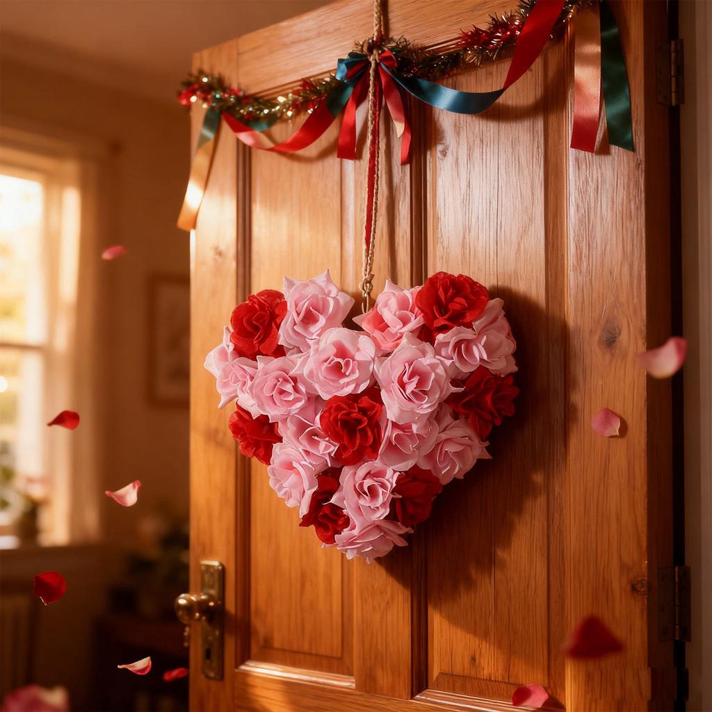 Valentine Decor Heart Wreath Red Rose Garland Wall Hanging Valentine'S Day Floating Pearls For Centerpieces Christmas