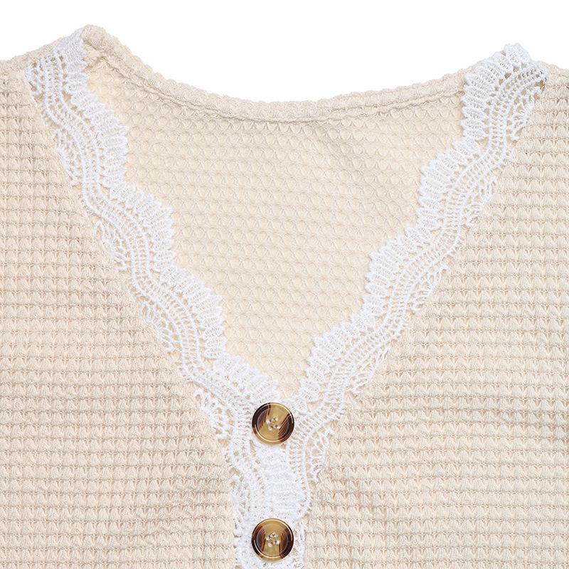 Women Casual Vacation Drop Shoulder V Neck Short Sleeve Lace Patchwork Top