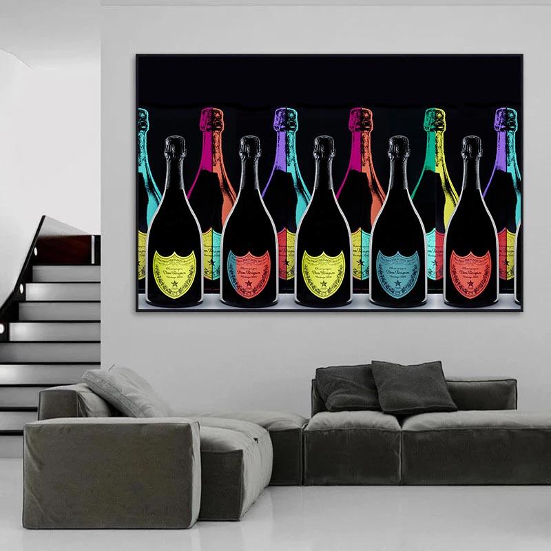 Champagne Bottle Wall Art Canvas Painting Luxury Poster Wine Bottle Print Picture Modern Home Room Wall Decor Unframed