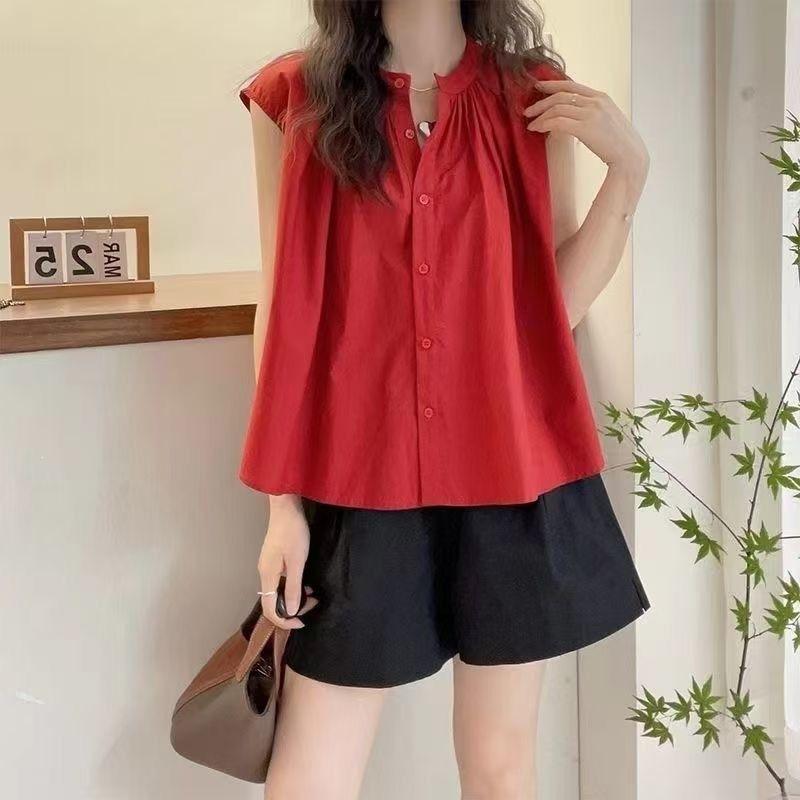 Women Sleeveless Cotton Shirt Stand Collar Single Breasted Loose Tank Blouse Elegant Casual Summer Vest Top