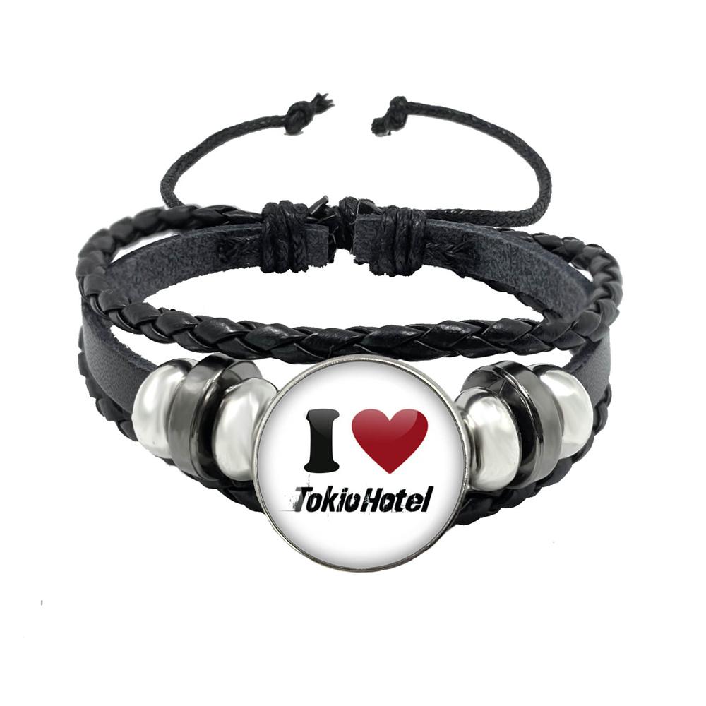 Pop Retro Rock Band Tokio Hotel Bill Kaulitz Band Black Rope Button Glass Cabochon Leather Bracelet Jewelry Charm Fans