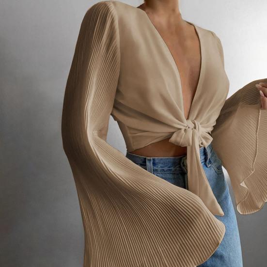 Blouse Lange Wijde Mouw Ademend Vrouwen Diepe V-hals Effen Kleur Tops voor Dagelijks Gebruik