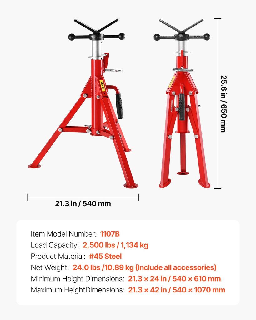 V Head Pipe Stand 1/8"-12" Capacity, Adjustable Height 24"-42", Pipe Jack Stands 2500 lb. Load Capacity, Portable Folding Pipe Stands, Carbon Steel