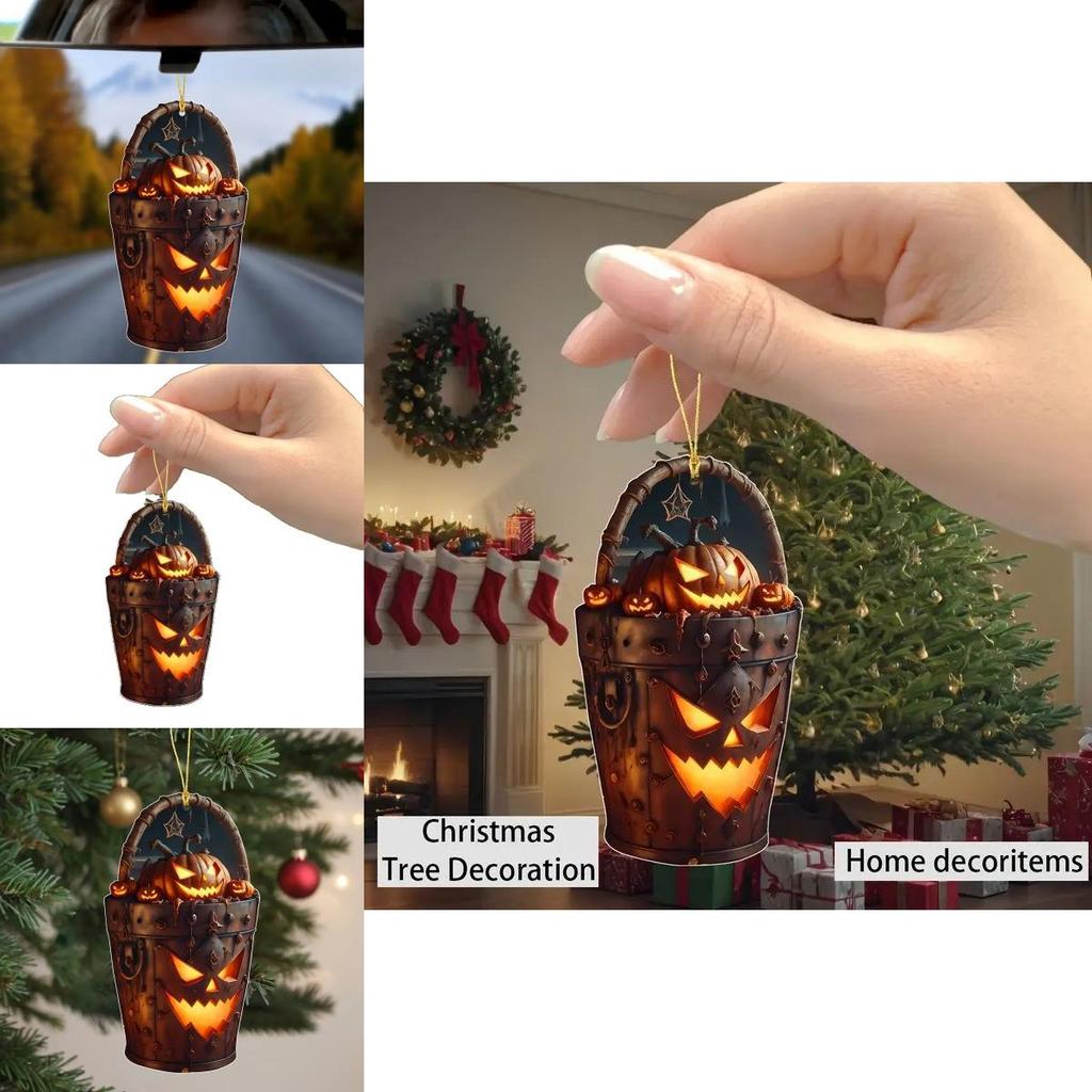 Acrylic Halloween Pumpkin Head Bucket Car Rearview Mirror Pendant With Cartoon Style For Vehicle Decor