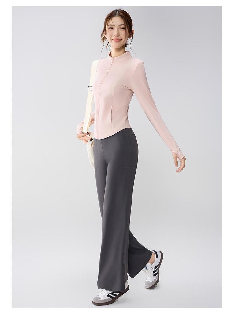 Full-Zip Yoga Suit with Pockets: Slimming Long Sleeve Top for Running & Fitness