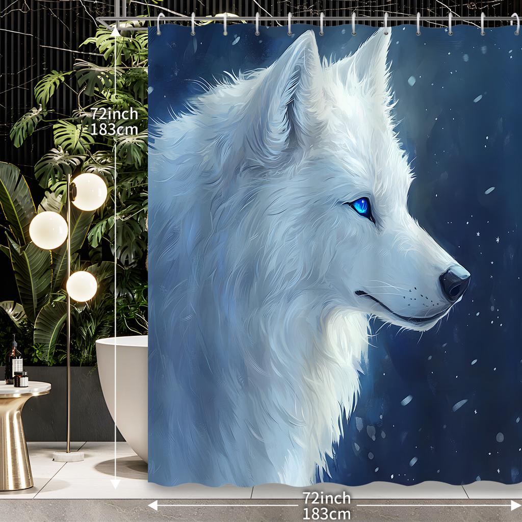 1pc Fierce Animal Wild Wolf White Wolf Bathroom Shower Curtain with 12 Hooks Shower Curtain Partition Curtain, Bathroom Decorati