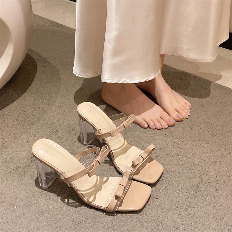 Fashion High-Heeled Shoes Lady Ladies' Slippers Glitter Slides Square heel Big Size Butterfly-Knot Jelly Block Butterfly-knot Square hee