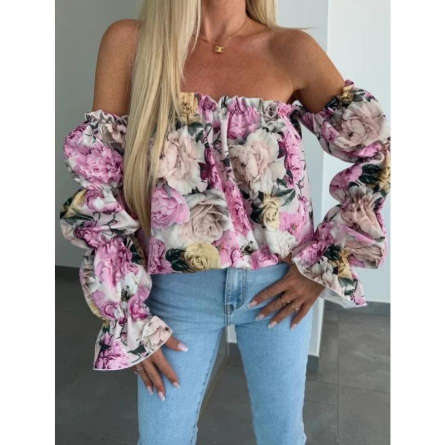 YYFS Women's Fashion Casual Summer Spring Flower Pattern Print Long Sleeve One Shoulder Blouses & Shirts