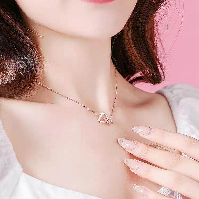 S925 Silver Heart-Shaped Buckle Clavicle Necklace Heart-Shaped Korean Style All-Match Minority Simple Style Fashion