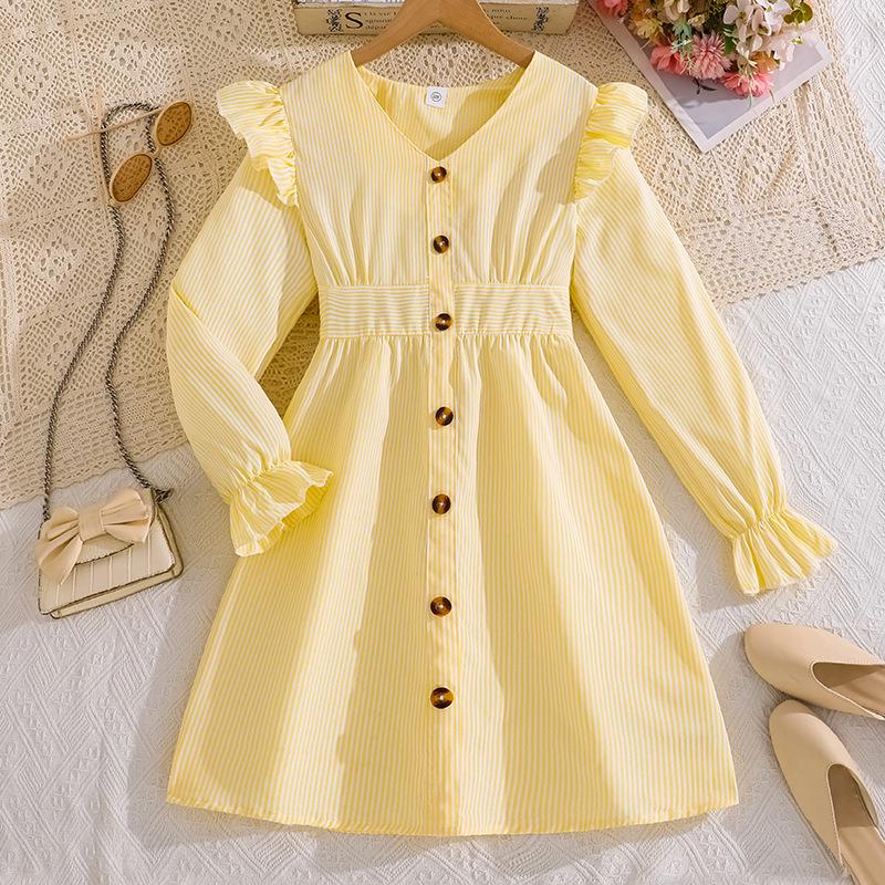 Elegancka Pasiasta Koronkowa Sukienka z Dekoltem V dla Starszych Dzieci - Jesienny Styl Europejski i Amerykański