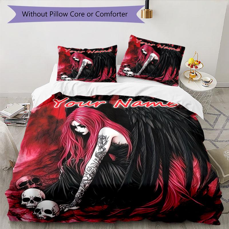 3PC Custom Name Dark Angel Skulls Bedding Set Duvet Cover Closure Includes 1 Duvet Cover & 2 Pillowcases for Bedroom