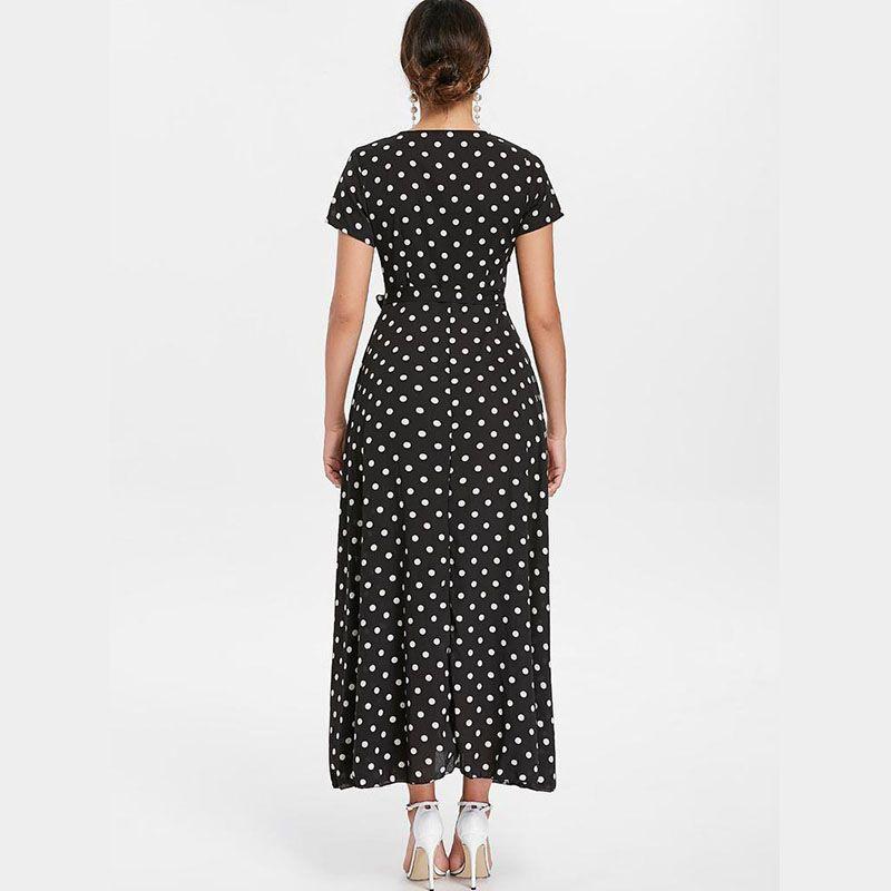 Women Short Sleeve V Neck Swing Dress With Elegant Polka Dot Print And Slit Detail