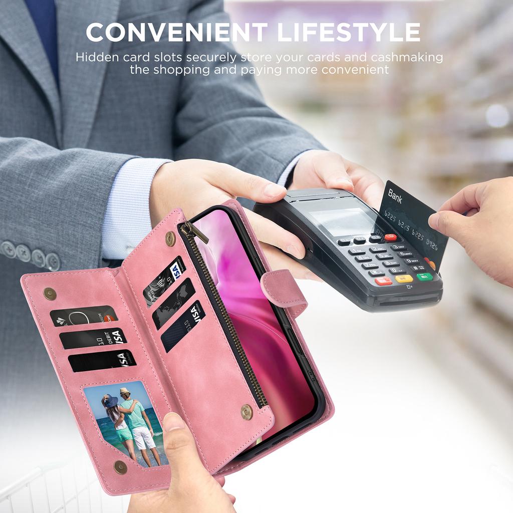 For iPhone 16 Pro Max Case Zipper Multi-Pocket Wallet Leather Phone Cover with Shoulder and Wrist Straps