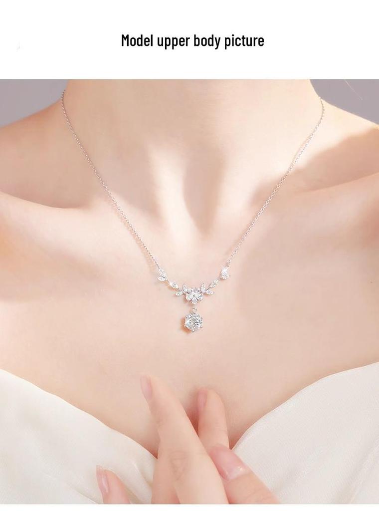 S925 Sterling Silver Moissanite Tassel Laurel Pendant Clavicle Chain Necklace with Fresh Flower Branch Design for Women