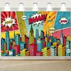 Pop Art Comic Skyline Tapestry with BOOM WOW Dialogue Bubbles Perfect for Birthday Parties Dorm Decor Living Room Flat Print