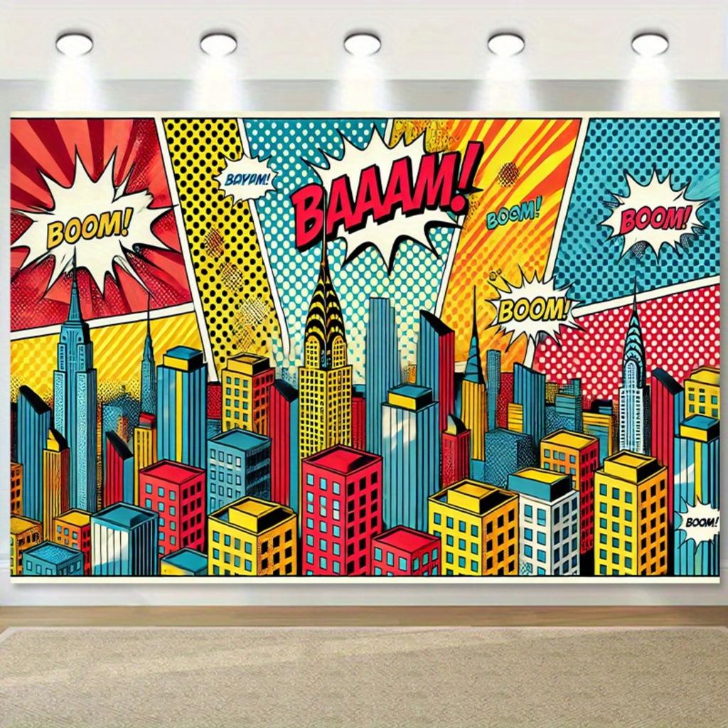 Pop Art Comic Skyline Tapestry with BOOM WOW Dialogue Bubbles Perfect for Birthday Parties Dorm Decor Living Room Flat Print