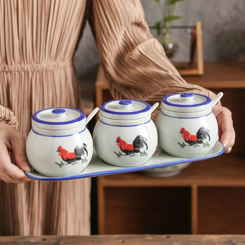 Retro Ceramic Rooster Seasoning Jar Salt and Monosodium Glutamate Seasoning Jar Household Kitchen with Lid Spoon