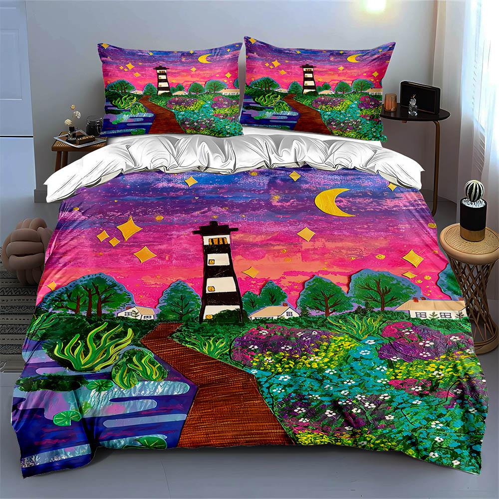 Lighthouse, Colorful Landscape. Bedding Duvet Cover Sets Duvet Covers Pillowcases Gifts (1 * Duvet Cover 2 * Pillowcases, Without Duvet Insert)
