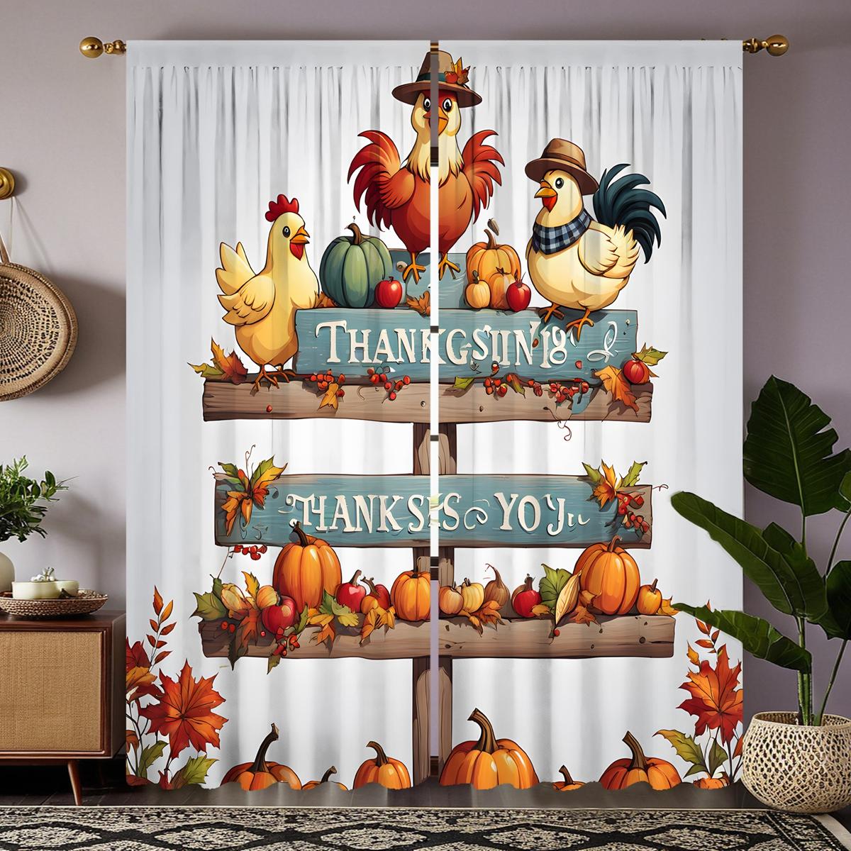 

2 шт. HD Подставка для курицы на День благодарения с изображением петуха и тыквы, занавеска с желтой завязкой и цифровой печатью, домашний декор, стиль, украшение гостиной W52H63inchW132H160cm