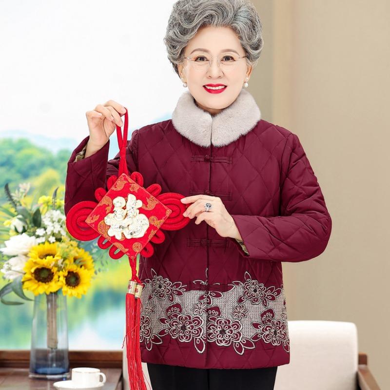 

Новые женские куртки для среднего и пожилого возраста, зимние бархатные и утолщенные хлопковые куртки, теплые хлопковые куртки для мамы, модели к Китайскому Новому году XL (recommended within 52.5kg)