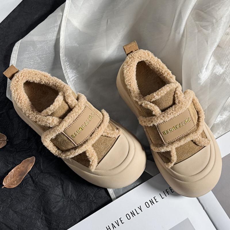 Genuine Leather and Velvet Loafers for Women Winter Velcro Retro Sneakers Thick-soled White Shoes All-match Shoes