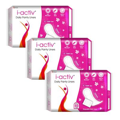 I-Activ denní slipové vložky pro ženy 60 vložek, ultra tenké, měkké, bavlněné, proti vyrážce, cestovní balení po 3 kusech