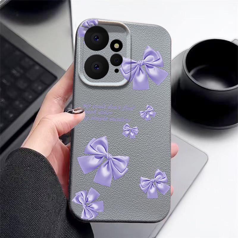 Purple Bowknot Print Leather Texture TPU Matte Case For Xiaomi 13T Poco X6 M6 Redmi Note 14 Pro 13 12 11 Lens Protection Soft Shockproof Phone Cover