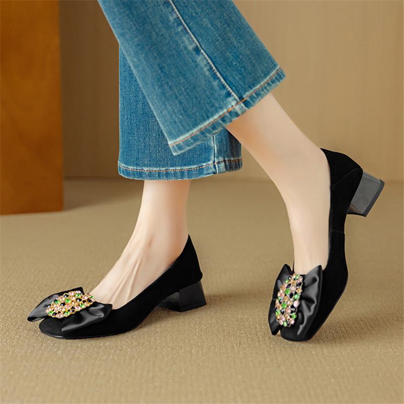 Modne Nowe Wiosenno-letnie Płytkie Buty z Owczej Skóry Zamszowej dla Kobiet Modna Kokarda Kwadratowy Nosek Damskie Czółenka Oddychające Buty na Średnim Obcasie Kobiety