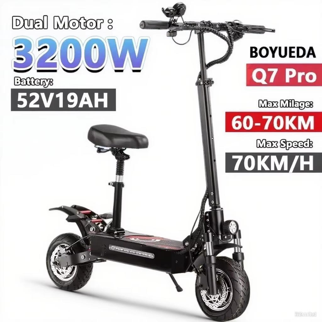 BOYUEDA Q7Pro Skateboard Elettrico 3200W Doppio Motore 52V19Ah Freno a Olio Idraulico Scooter Elettrici per Adulti Fuoristrada Pieghevole EScooters
