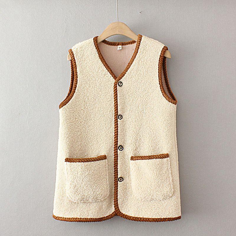 

Жилет из овечьей шерсти, однотонный, с зажимом в виде лошади, теплый, с плюшевой подкладкой, V-образным вырезом, на пуговицах, модный, однотонный, без рукавов XXL бежевый