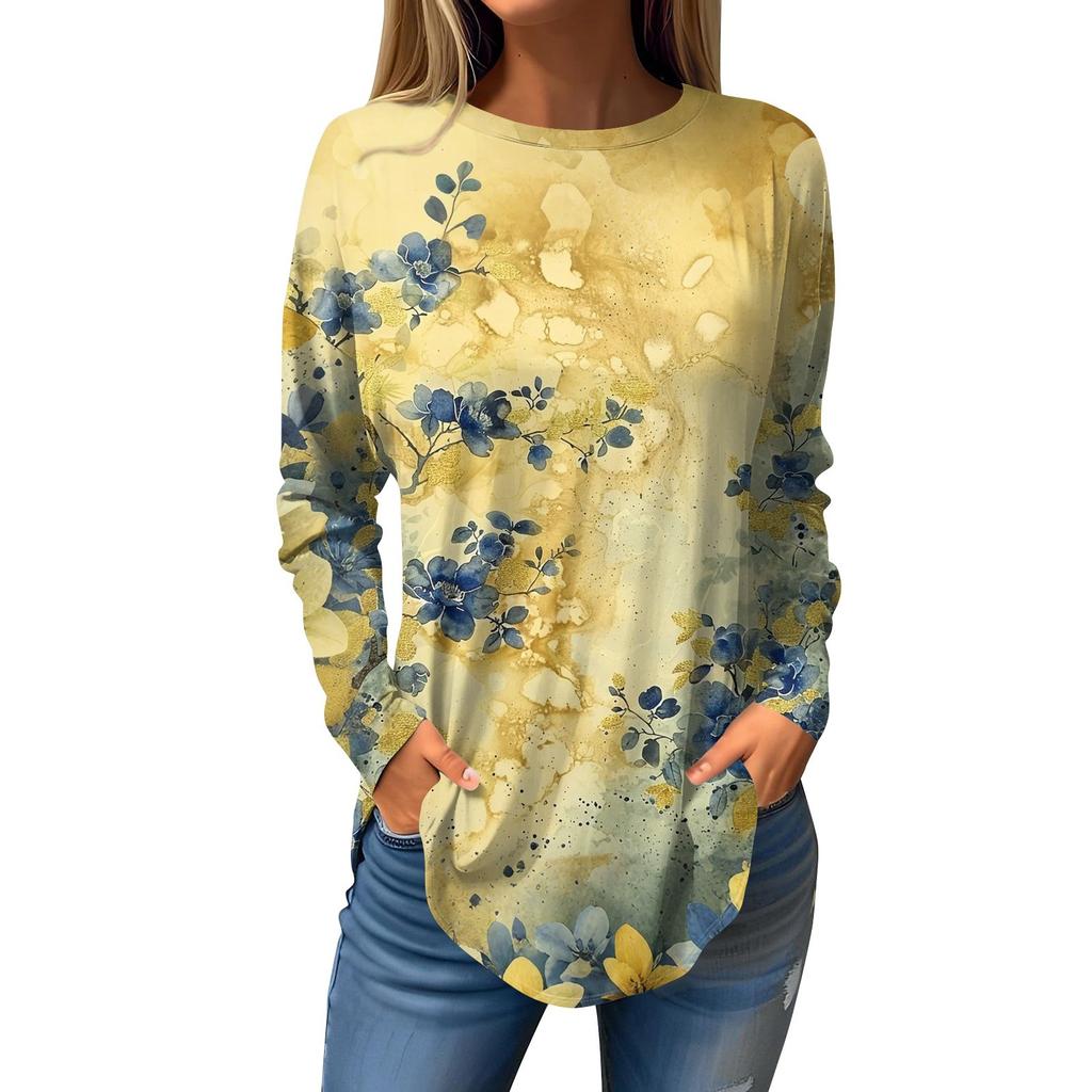 Women's Loose Round Neck Print Long Sleeve T-Shirt Top Pullover