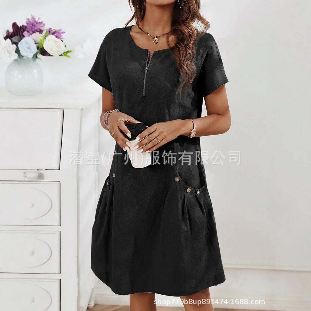 Vestido casual de verano para mujer, línea A, con cremallera frontal, manga corta, color liso, con bolsillos