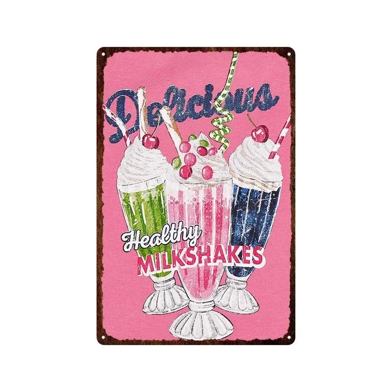 Metallplåt God Söt Glass Sundaes Milkshake Målning Järnplåtsskylt Väggkonst Bilder För Kök Dessertbutik Heminredning