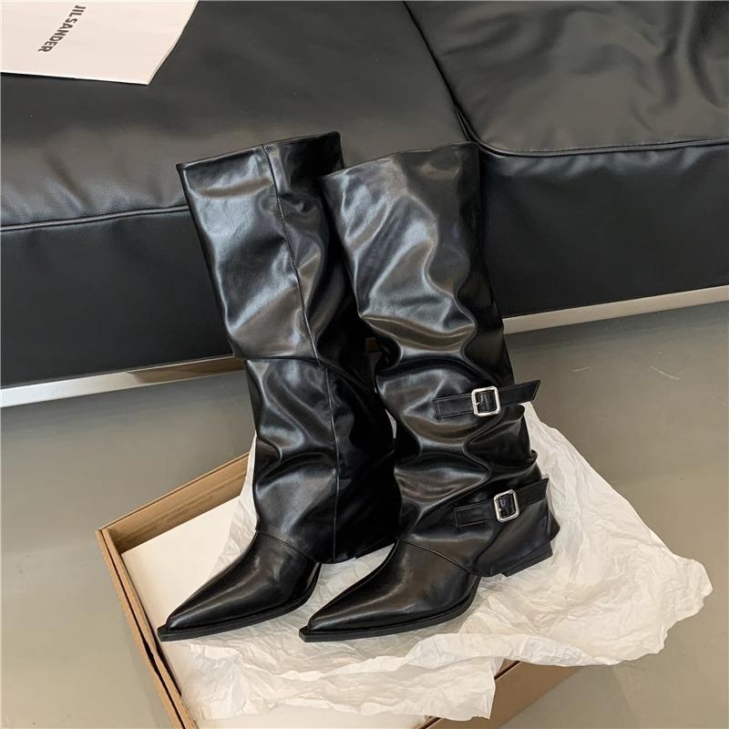 Spring and Autumn pointed buckle pleated piled boots punk style knight boots middle heel fried street babes high tube pants boots