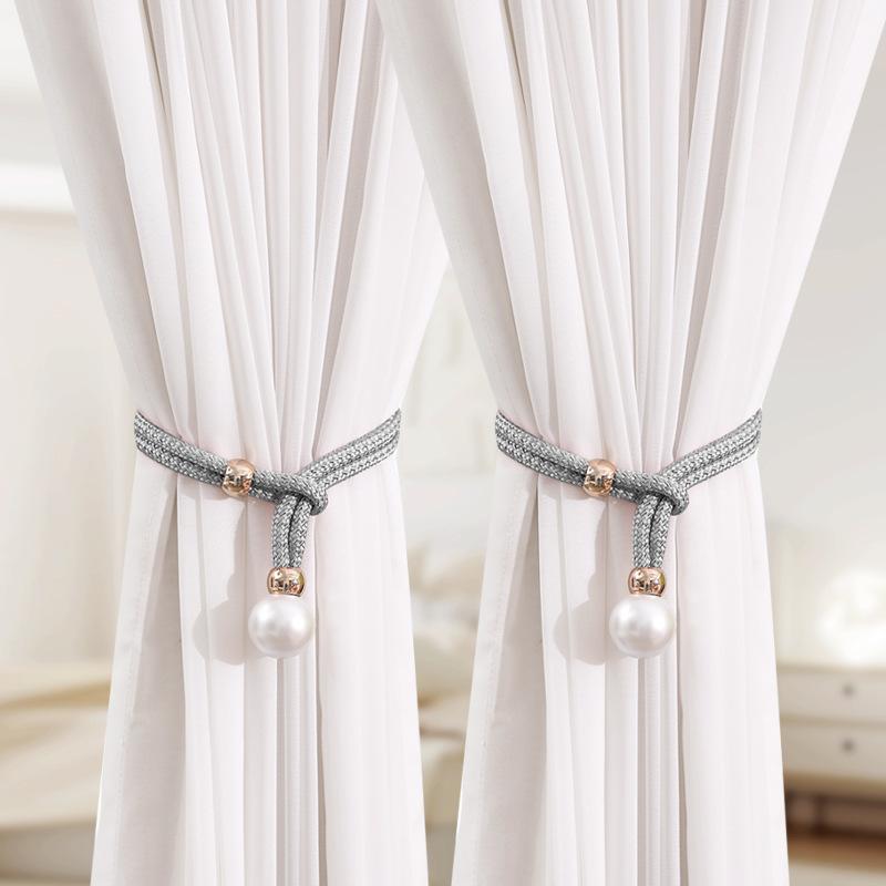 2Pcs Pearl Curtain Tiebacks, Curtain Pearl Tiebacks, Decorative Fixings, Rope Curtain Tiebacks No Punch Adjustable Pull-Outs