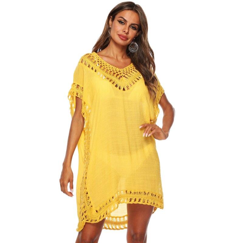 Casual sólido com decote em v vestido geral feminino verão oco solto praia sexy vestido de cobertura mulher vestidos de manga curta 27779