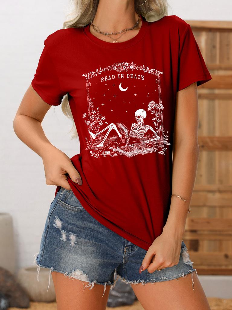 Summer new crewneck Womens casual Tshirt read in peace skull print loose shortsleeved fashion top with all the trend pullove