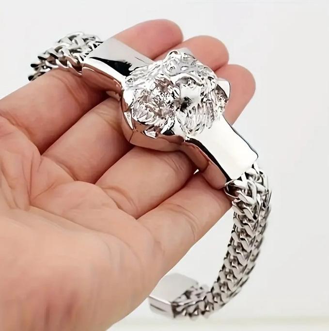 Stainless Steel Titanium Steel Lion Head Bracelet Men'S Fashion Hip Hop Bracelet Trendy Cool Personality Bracelet Bracelet