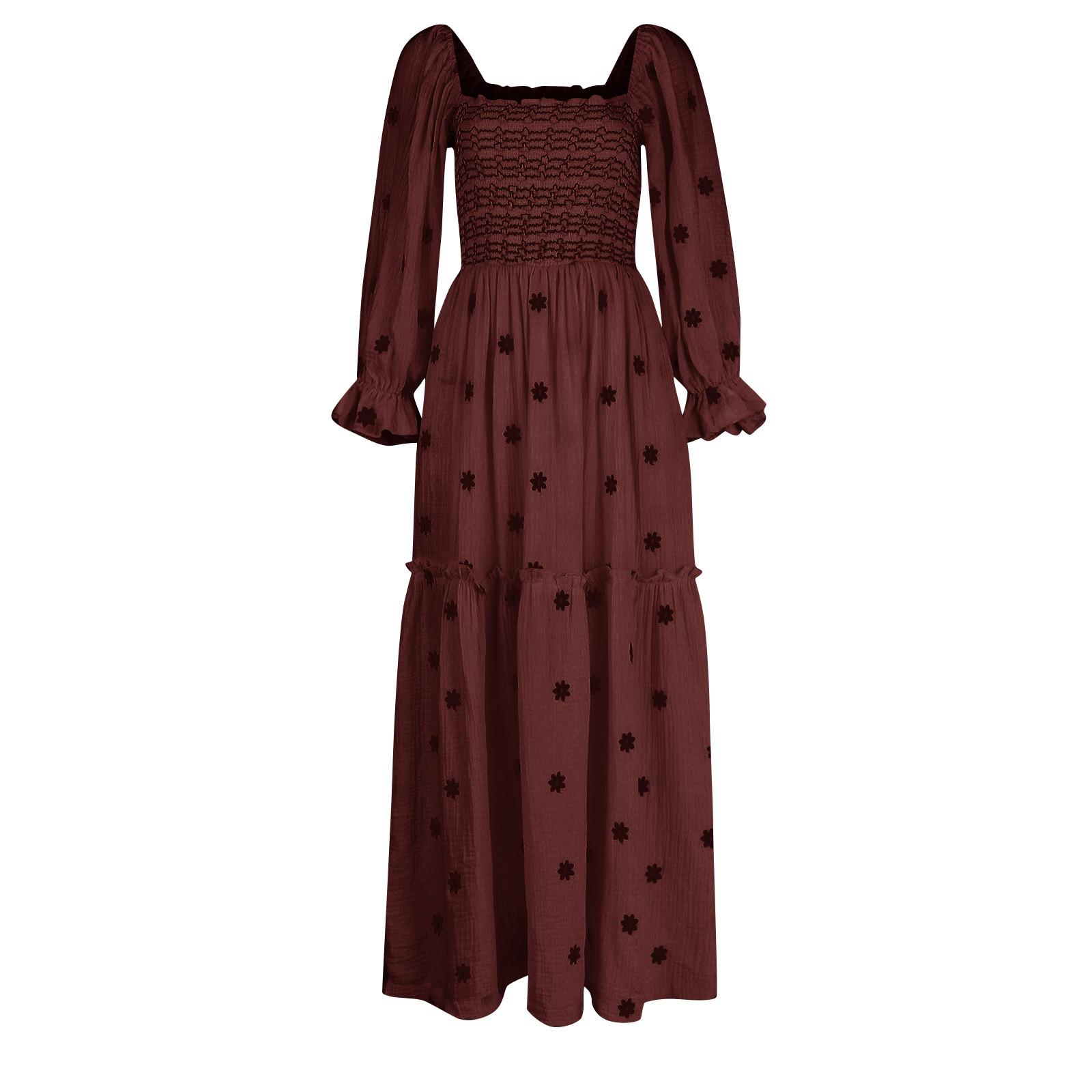 Осеннее женское повседневное платье с квадратным воротником и роговыми рукавами — фото 4