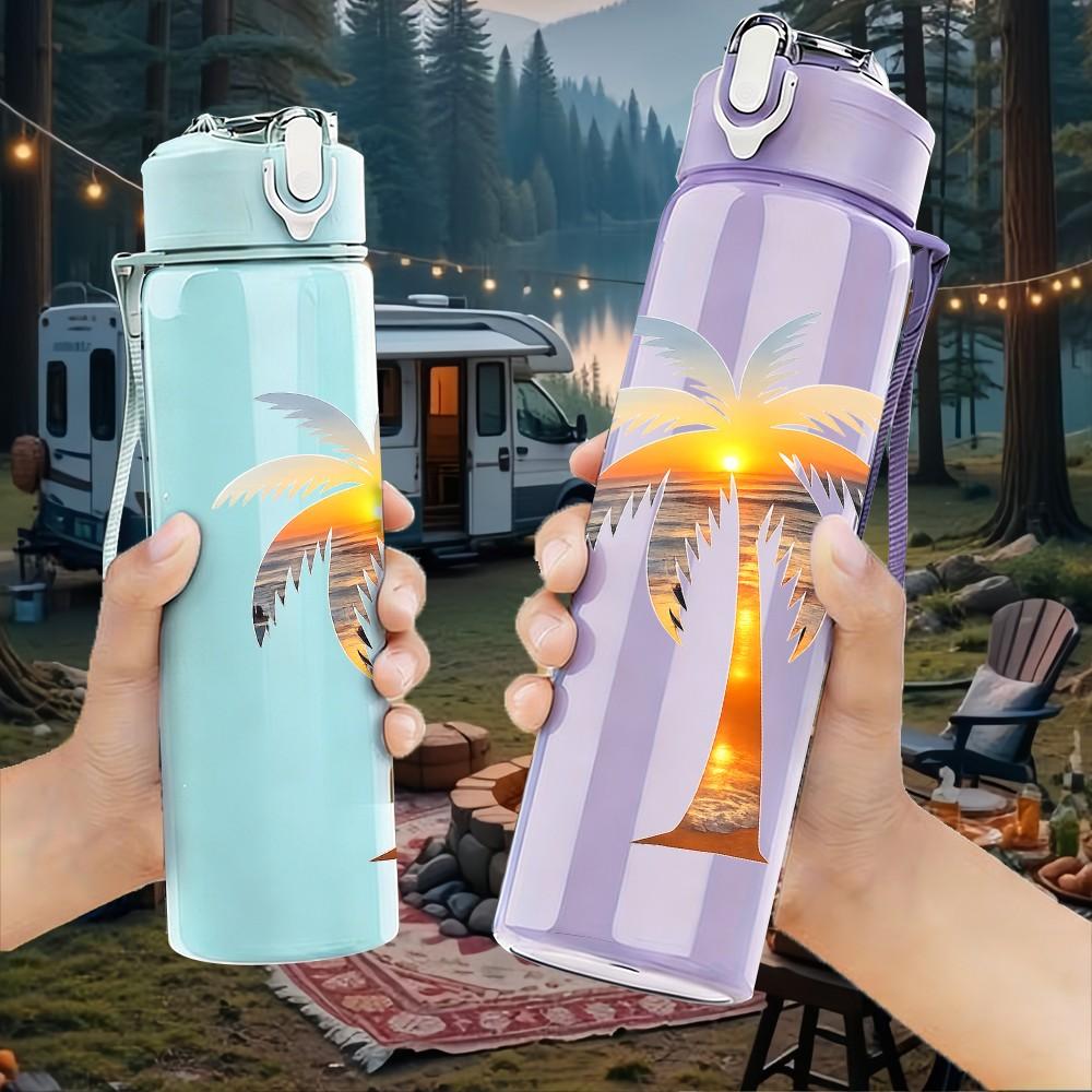1PC Tropical Palm Tree Island Summer Print 750ml Color Plastic Sports Water Bottle Leakproof Flip Straw Lid Suitable for Sports Office Home Use