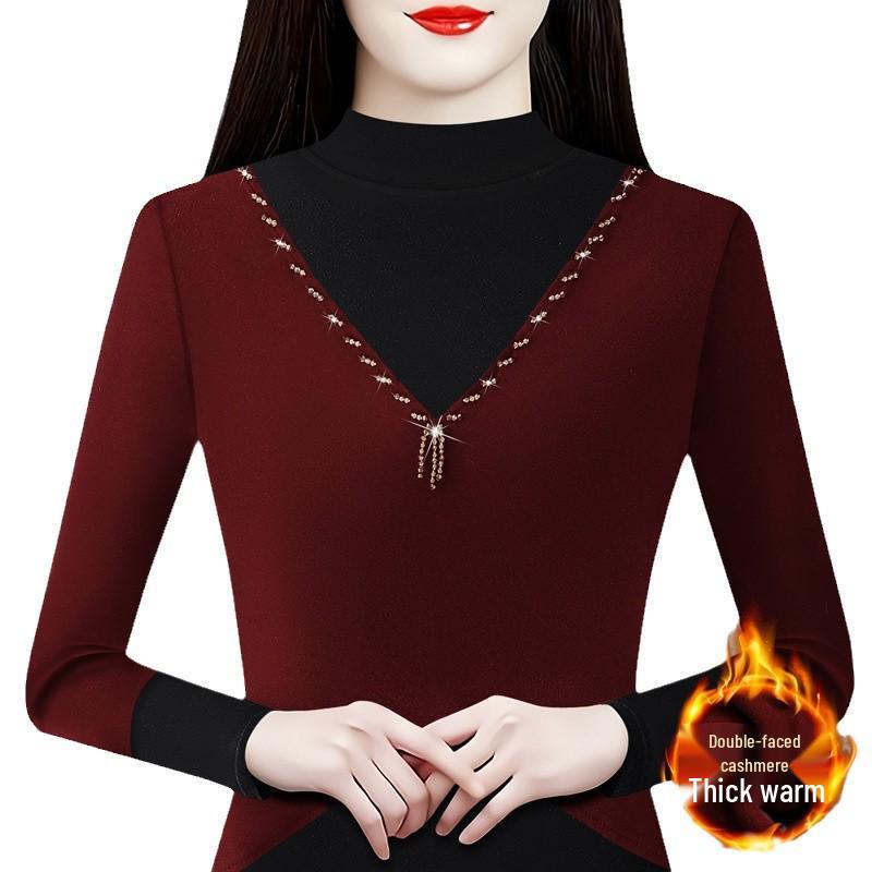 2024 Winter Korean Style Slim Fit Color Block Thick Double-Sided Cashmere Turtleneck Base Layer