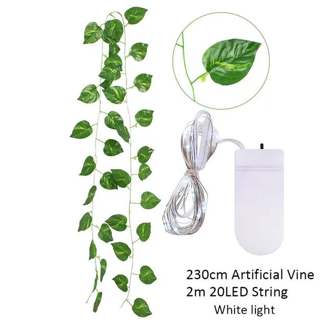 2.3m Fake Creeper Green Leaf Ivy Vine with 2m LED String Lights - Home Wedding Party Hanging Garland Artificial Flower